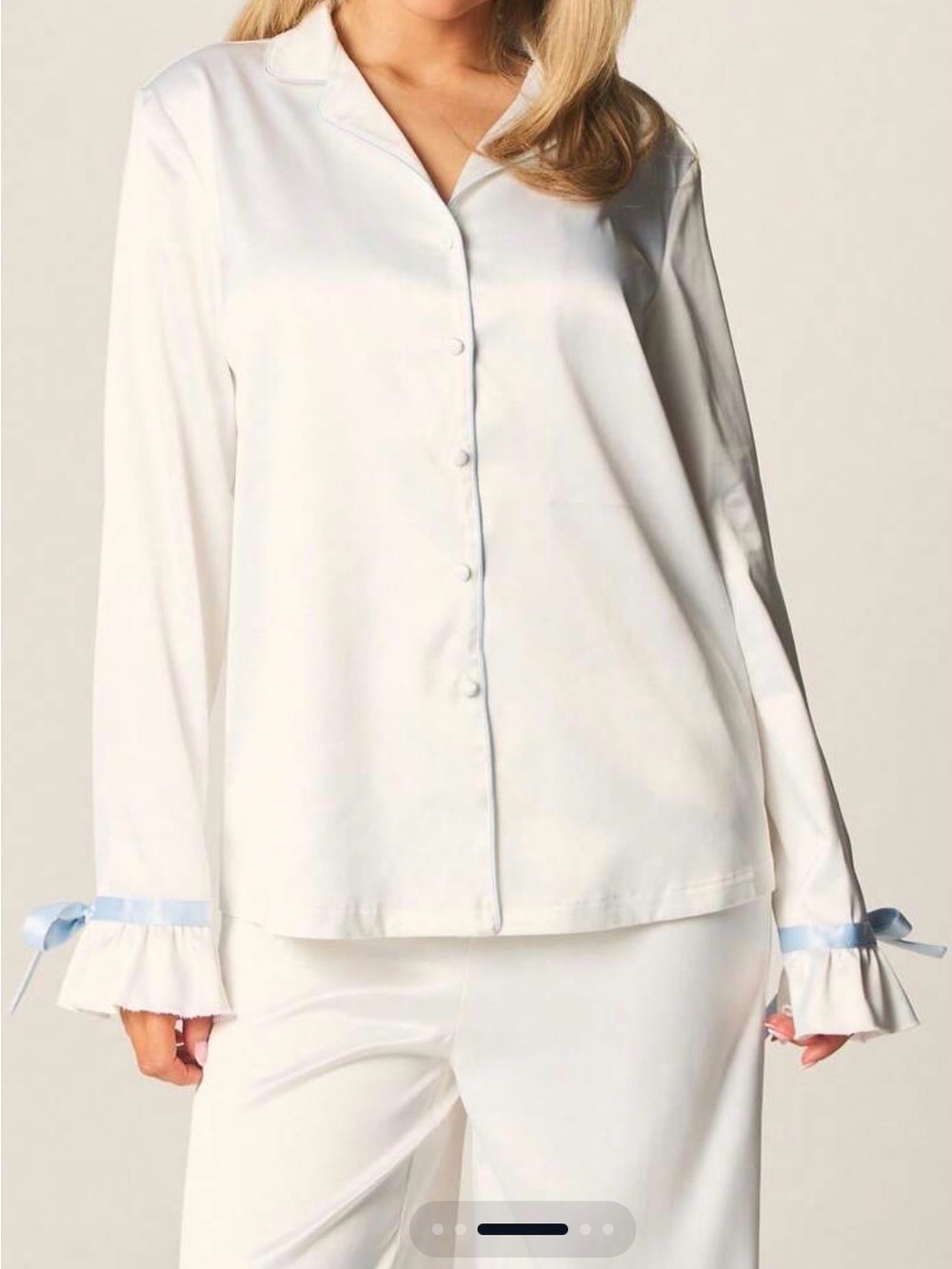 White Satin Pajama Set with Light Blue Ribbon